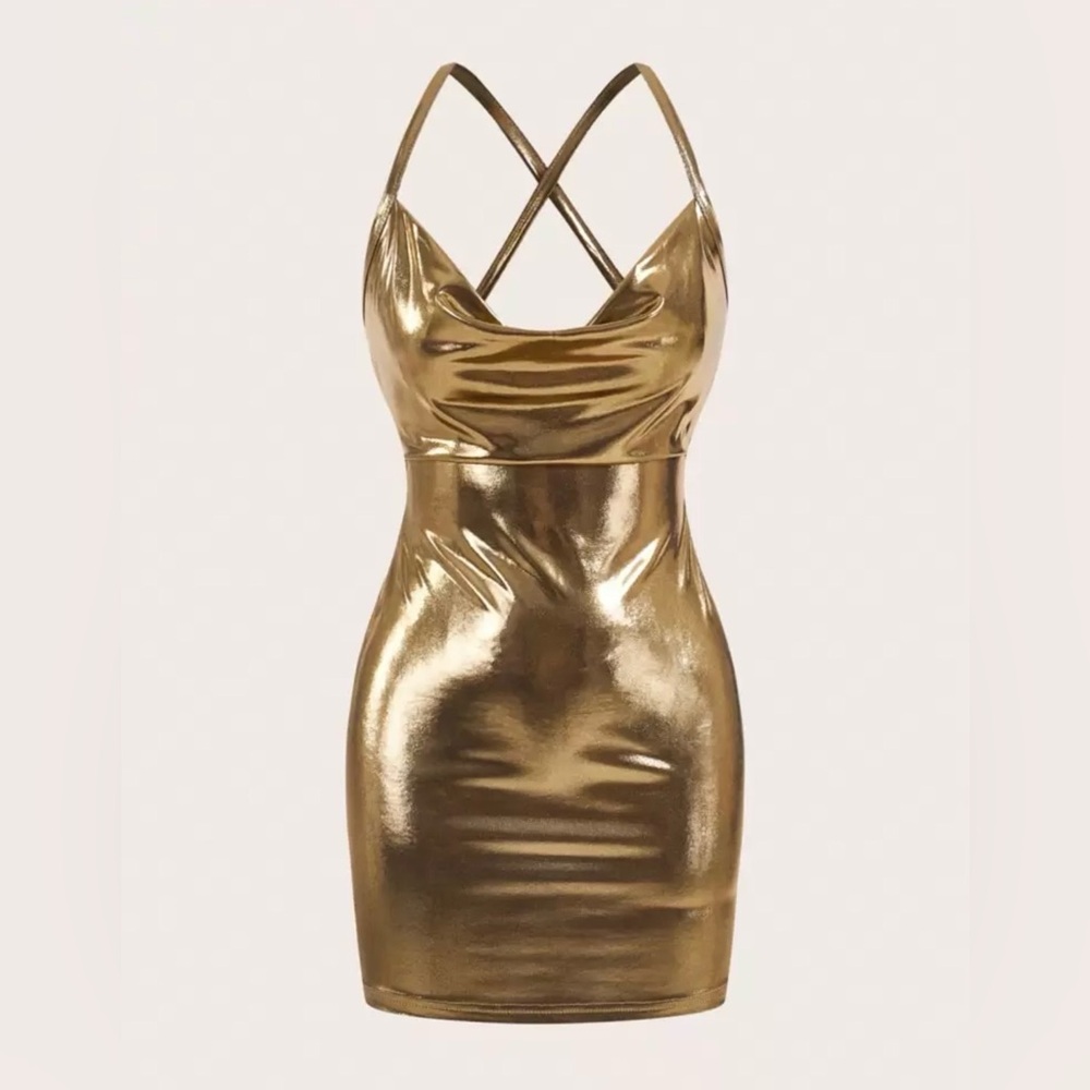 Gold Metallic Cowl Neck Bodycon Dress